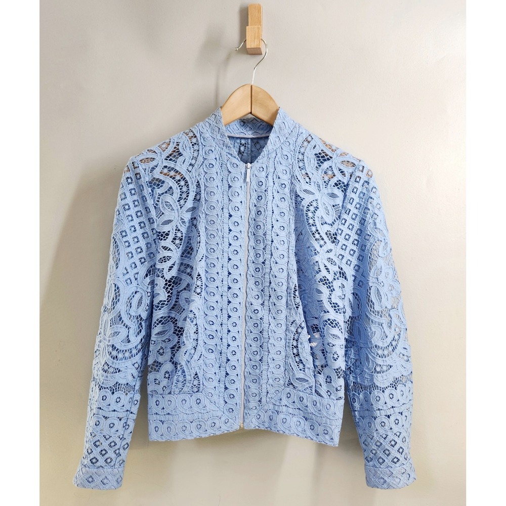 Lover Lace Bomber Jacket Women 4 Blue Zip Front Floral Guipure Coquette Tradwife